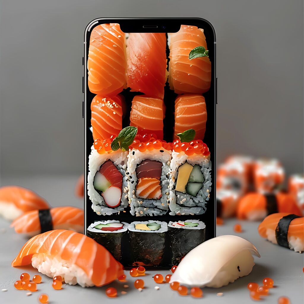 there is a phone with sushi on it and a bunch of salmon